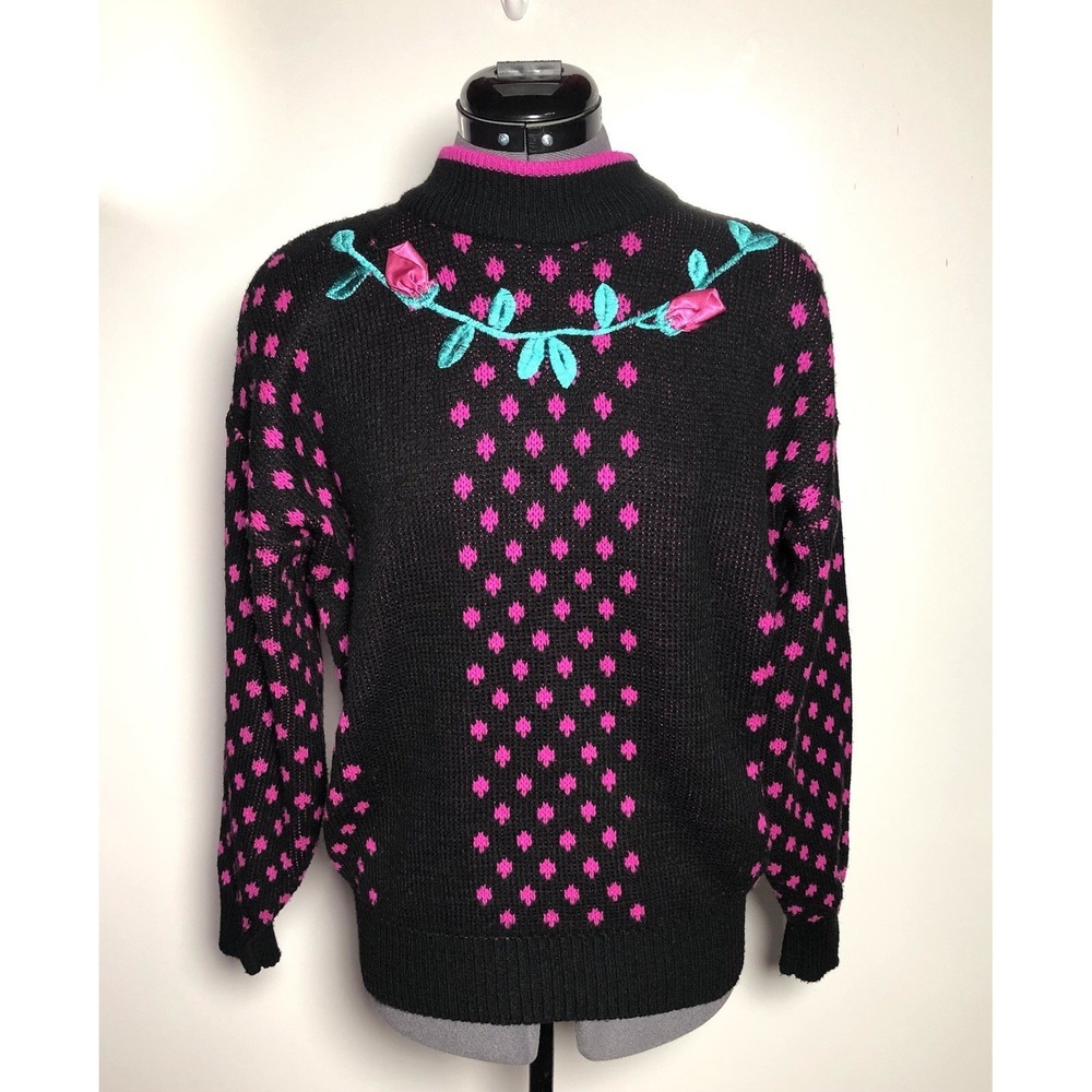 Vtg 80s Floral Sweater Black Pink Cottagecore Kawaii M DAMAGED